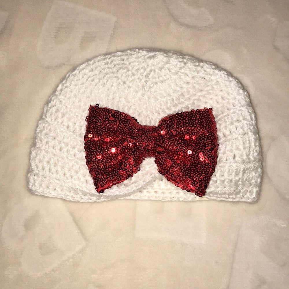 Crocheted Bonnet with Sparkly Red Bow
